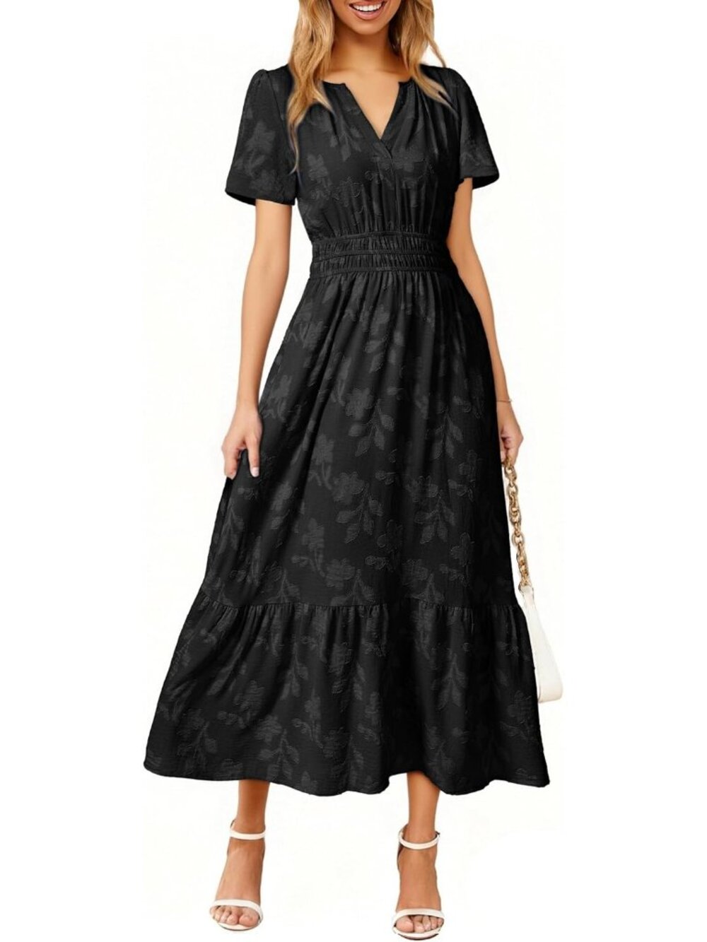Women's Black Short Sleeve V Neck Empire Waist Floral Imported Maxi Dress - Picture 1 of 7